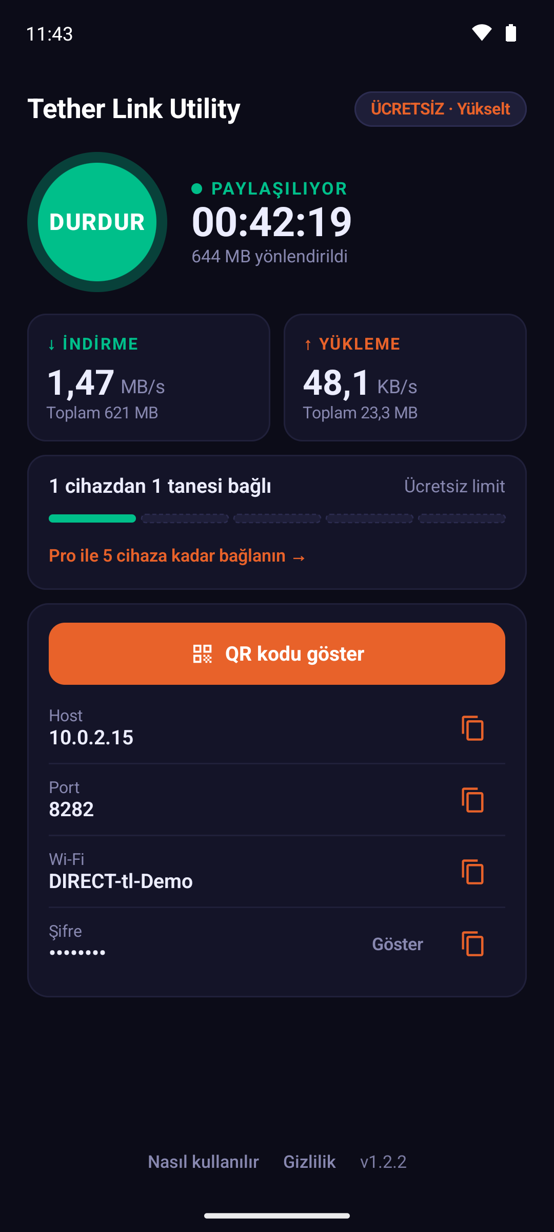 Android'de çalışan Tether Link Utility: anlık indirme ve yükleme hızı, oturum istatistikleri, 1 bağlı cihaz ve SOCKS5 host ile port bilgisi