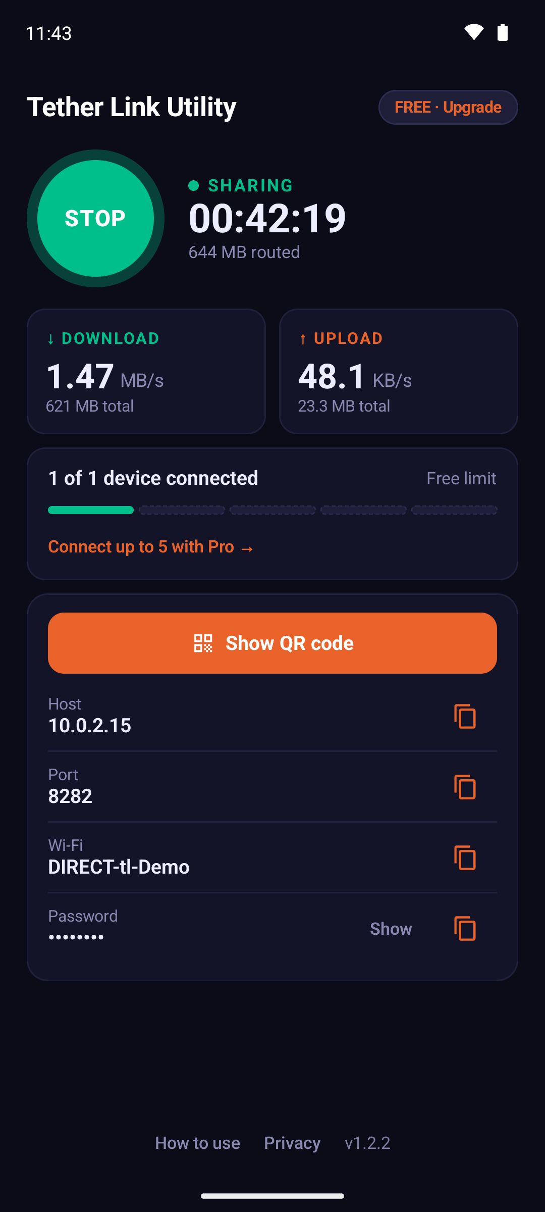 Tether Link Utility running on Android: live download and upload speed, session stats, 1 device connected and SOCKS5 host and port