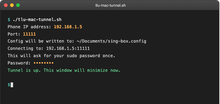 Terminal running tlu-mac-tunnel.sh, asking for the phone's IP and port, then confirming the connection is up